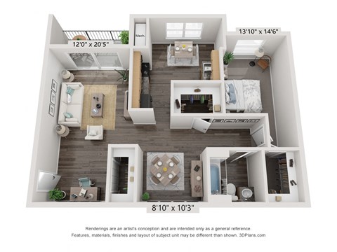 Floor plan for 1 bed, 1 bath, 800 sqft